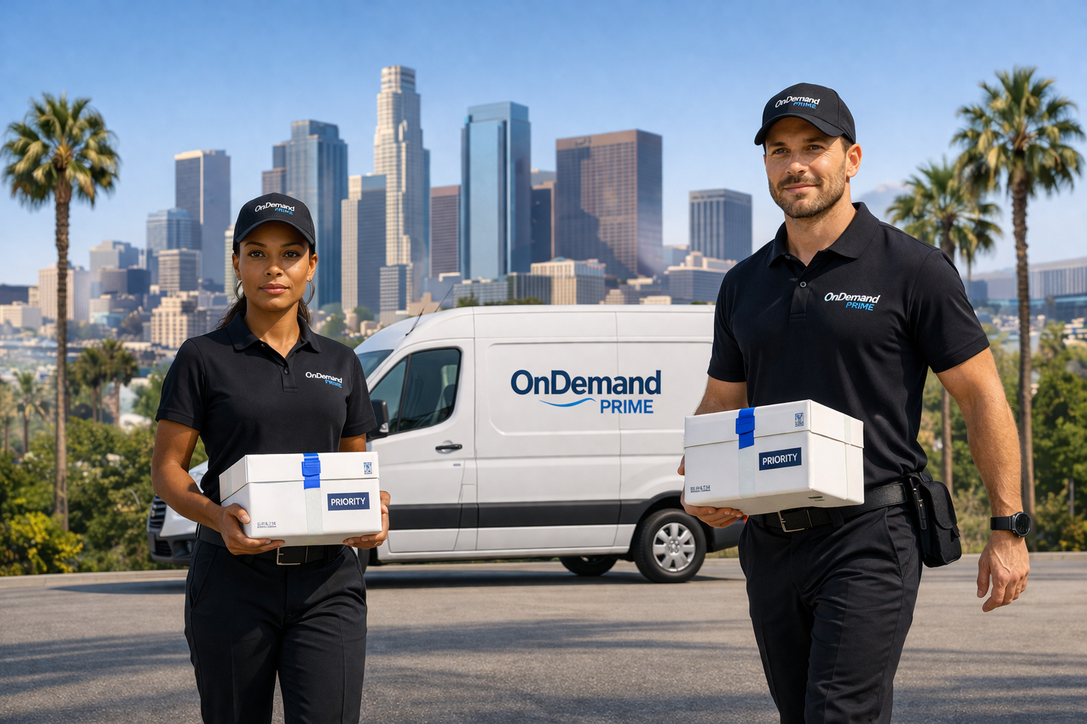 OnDemand Prime couriers with van and LA skyline