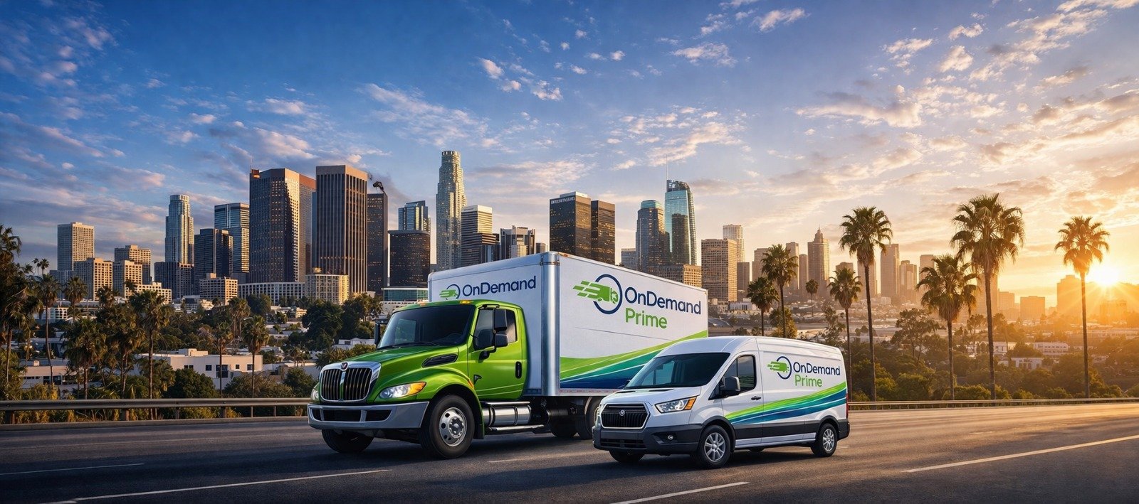 OnDemand Prime fleet vehicles with LA skyline