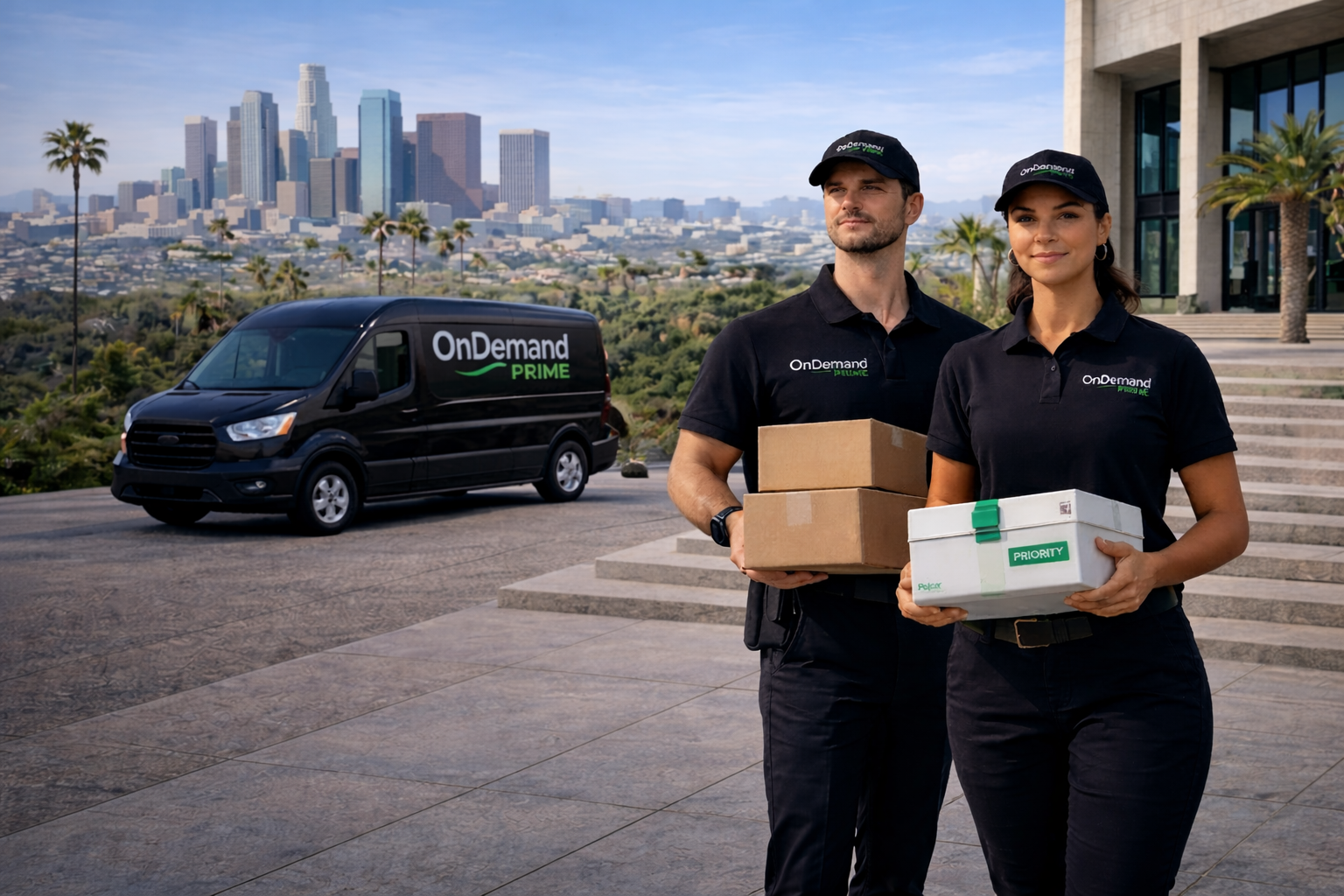 OnDemand Prime couriers with fleet vehicle and LA skyline